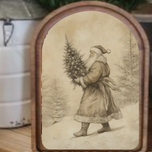 Vintage Santa Claus Round Top Wooden Framed Art. Farmhouse Christmas Decor. - Picture 3 of 6